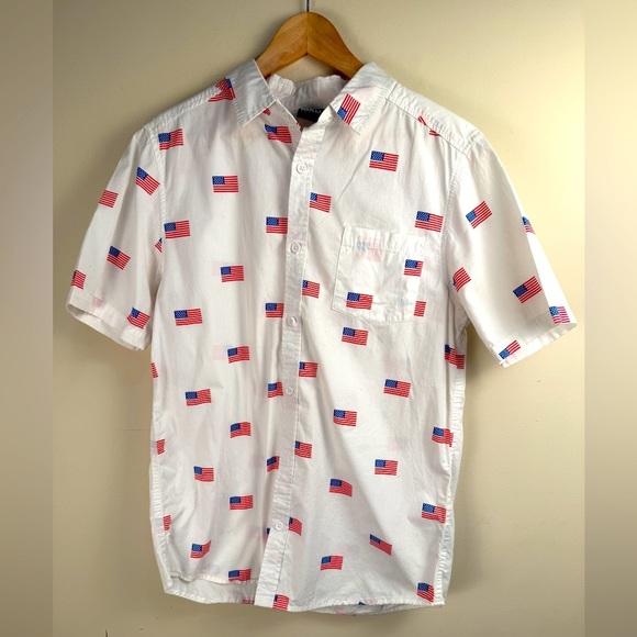 Mad Engine Men Button Up Shirt Medium White American Flag All Over Print USA - Picture 2 of 11